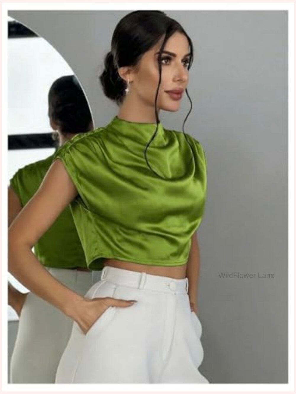 Satin Crop Top Mock Neck Blouse Ruched Cap Sleeve Dressy Work Shirt - Picture 6 of 7